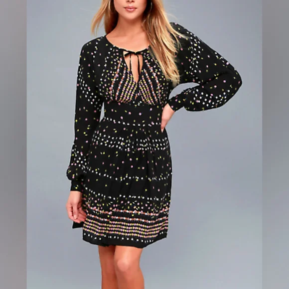 Free People Coryn Black Print Long Sleeve Dress- Sz 8 {NWT} - Picture 2 of 8